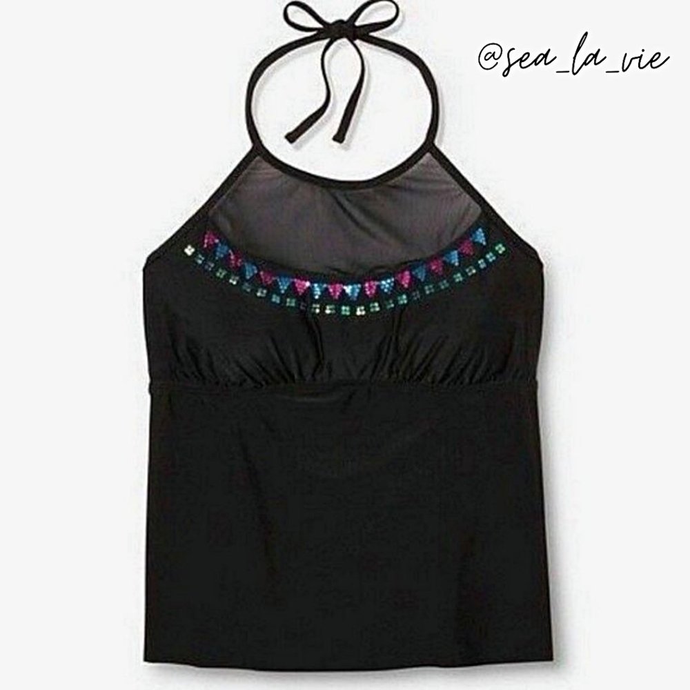 Plus Size Mesh Yoke Sequin Embellished Tankini Top - Picture 1 of 9